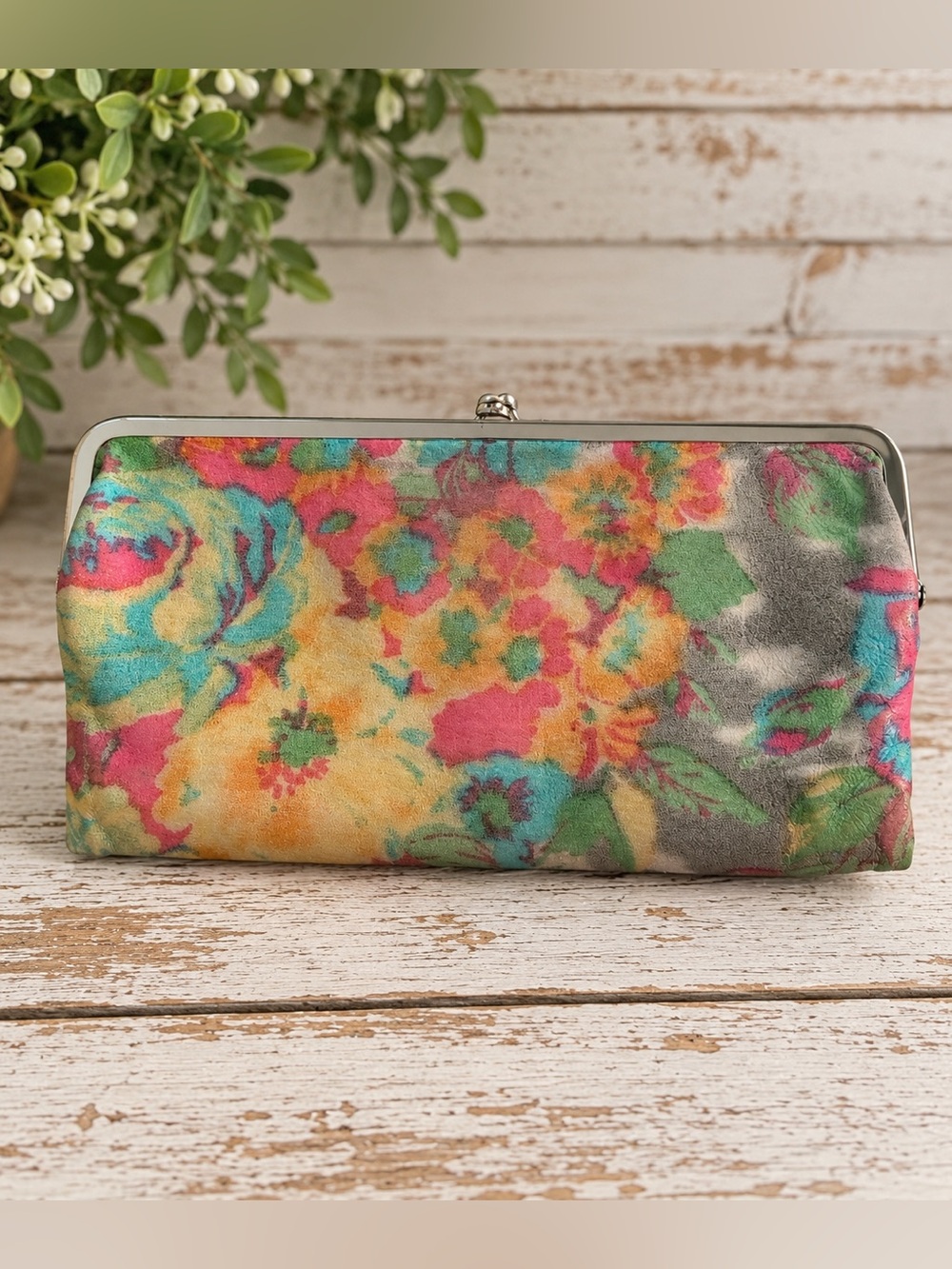 HOBO Lauren Floral Leather Double Frame Kiss Lock Clutch Wallet